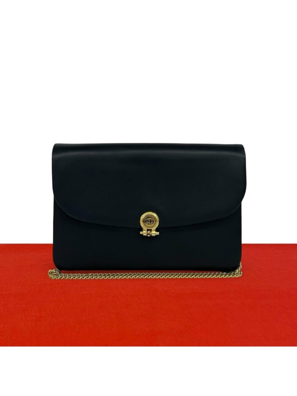 Dior Vintage CD Logo Leather Chain Shoulder Bag Pochette Black